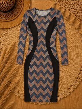LuLaRoe Zigzag Chevron Long Sleeve Dress in Bronze and Black